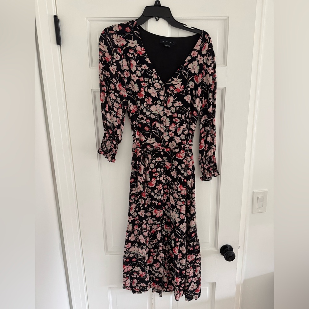Black Floral Midi Wrap Dress with Pink & Cream Floral Pattern and Ruffle Bottom
